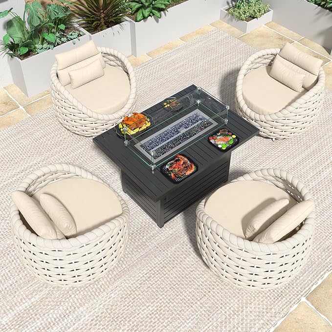 TWT 5-Piece Aluminum Patio Furniture Set, Olefin Armchairs with Coffee Table, Metal Sofa Set for Deck, Porch, Balcony, Indoor, Cream