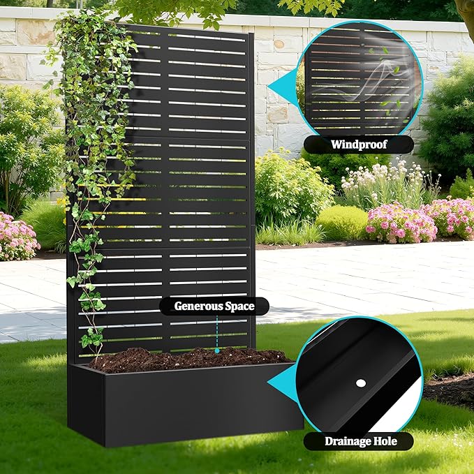 Metal Planter Box with Trellis, Planter Box with Privacy Screen, Privacy Trellis Outdoor for Climbing Plants with Drainage Holes, Raised Garden Bed for Vegetables