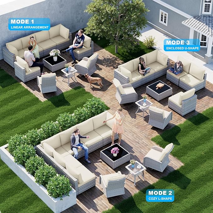 10-Piece Patio Furniture Set, Outdoor Patio Furniture with Swivel Chairs Set, Thick Cushions, Modular Patio Sofa, Dual-Strand Wicker Rattan, Rust-Resistant Frame, Ivory