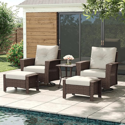 LayinSun 5 Piece Wicker Patio Furniture Set, Classis Outdoor Conversation 360 Degree Swivel Chairs Set with Coffee Table