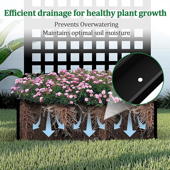 Metal Raised Garden Bed with Trellis, 2 in 1 Trellis with Planter Box & Privacy Screen for Climbing Plants, Vine, Outdoor Standing Flower Beds with Drainage Holes, 35.4"L x 16.7"W x 70.8"H, Black