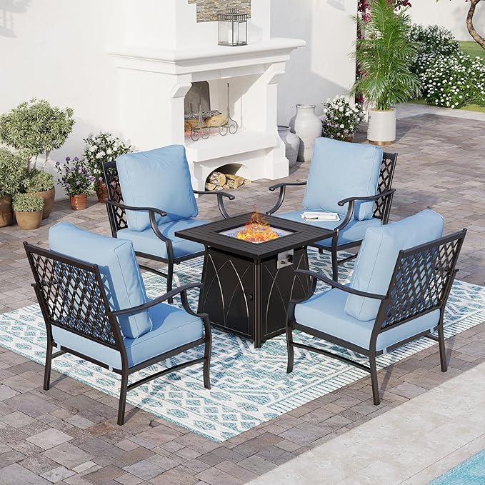 5 Piece Metal Outdoor Patio Furniture Set with Fire Pit Table, Patio Conversation Sets 4 Fixed Chairs with 5.75" Thick Cushion and 5000 BTU Fire Pit Table, Backyard Furniture, Blue