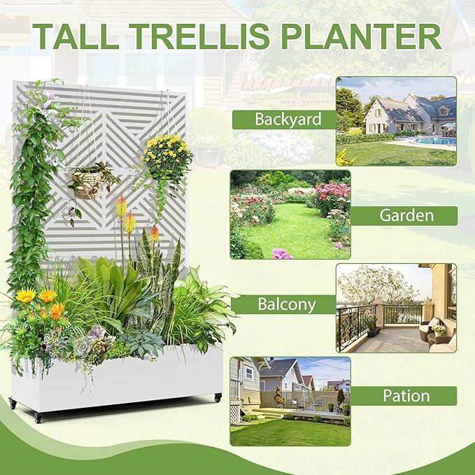 Raised Garden Bed with Trellis and Wheels,73"x47"x16" Metal Raised Garden Bed,White Diamond Metal Planter with Climbing Trellis for Vines & Vegetables