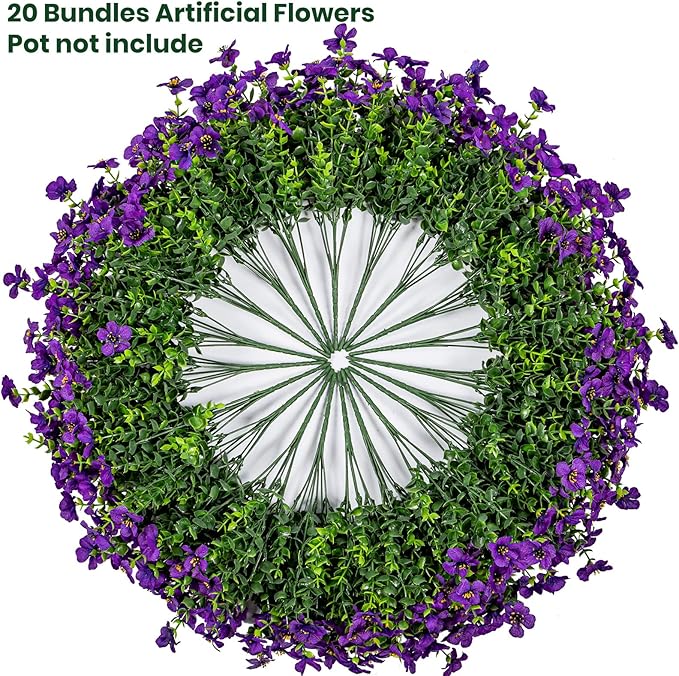 20 Bundles Artificial Flowers for Outdoor Fake Plants for Spring Decoration,Faux Eucalyptus Flowers for Planter UV Resistant Lifelike for Home Porch Garden（Purple）