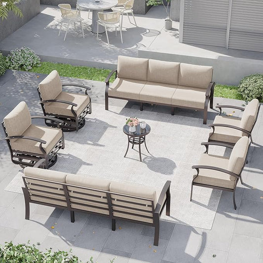 Kurapika Aluminum Patio Furniture Set 10-Seat Modern Metal Outdoor Conversation Sets w/Swivel Rocking Chairs Patio Sectional Sofa w/5.1 Inch Cushion, Sand