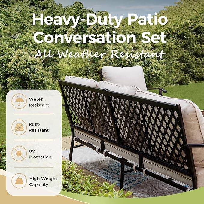Patio Furniture Set 4 pcs, Outdoor Patio Furniture, 3-Seat Sofa, 2 Rocking Chairs, Metal Coffee Table and 5.75" Extra Thick Cushion, Patio Conversation Set for Garden Backyard Deck,Beige
