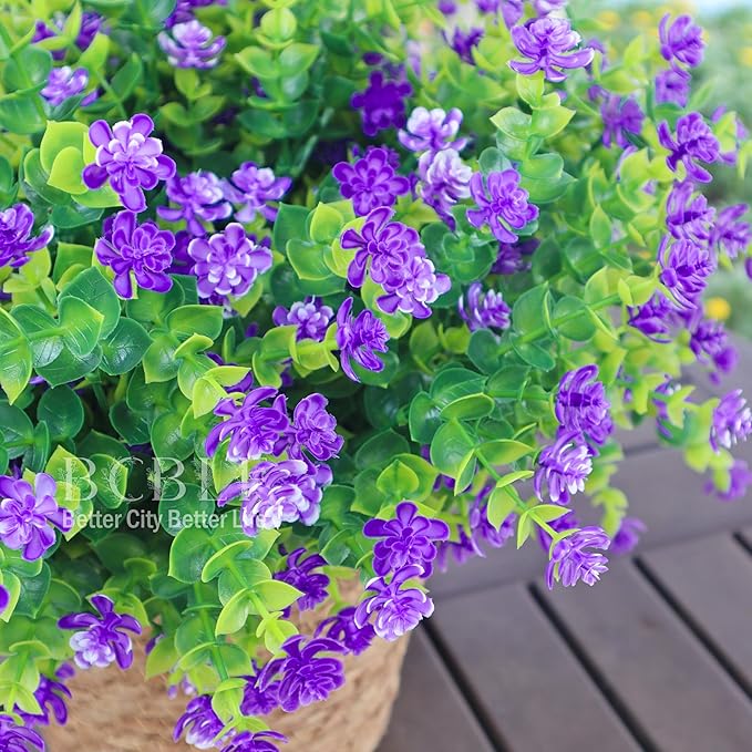 Artificial Flowers for Outdoors, 12 Bundles UV Resistant Realistic Faux Plants for Outside Porch Planter, Spring Summer Home Garden Decoration, Purple