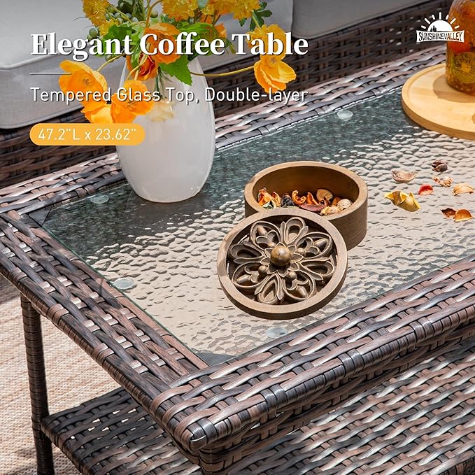 6 Piece Patio Furniture Set with Swivel Chairs, High Back Wicker Rattan Sofa with Extra Thick Cushion, Coffee Table and Ottoman, Outdoor Conversation Set for Backyard Deck, Grey