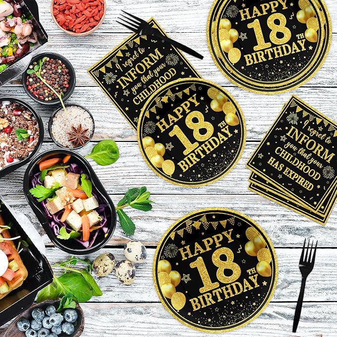 Grencian 96Pcs Happy 18th Birthday Decorations Black and Gold Birthday Plates and Napkins Gold and Black 18th Birthday Tableware Sets for Boys Girls 18 Year Old Birthday Party Supplies Serve 24