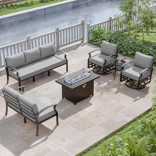 Kurapika Aluminum Patio Furniture Set 7-Seat Modern Metal Outdoor Conversation Sets w/45in Propane Fire Pit Table, Swivel Rocking Chairs Patio Sectional Sofa Loveseat Sofa, Grey