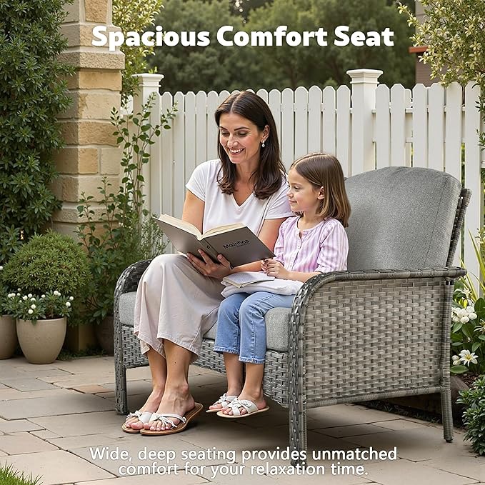 4-Piece Wicker Patio Furniture Set, All-Weather Rattan Conversation Bistro Loveseat Chair and Table Set for Backyard, Balcony and Deck with Soft Cushions and Metal Table(Dark Gray)