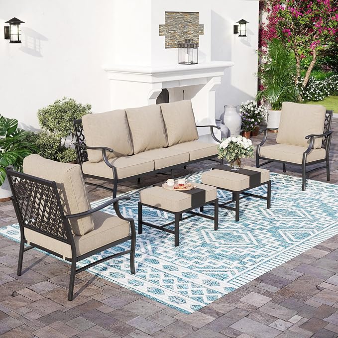 Patio Furniture Set, Modern Metal Outdoor Patio Furniture, 3 Seater Sofa, 2 Fixed Chairs, 2 Ottomans and 5.75" Extra Thick Cushion, Patio Conversation Set for Garden Backyard Deck