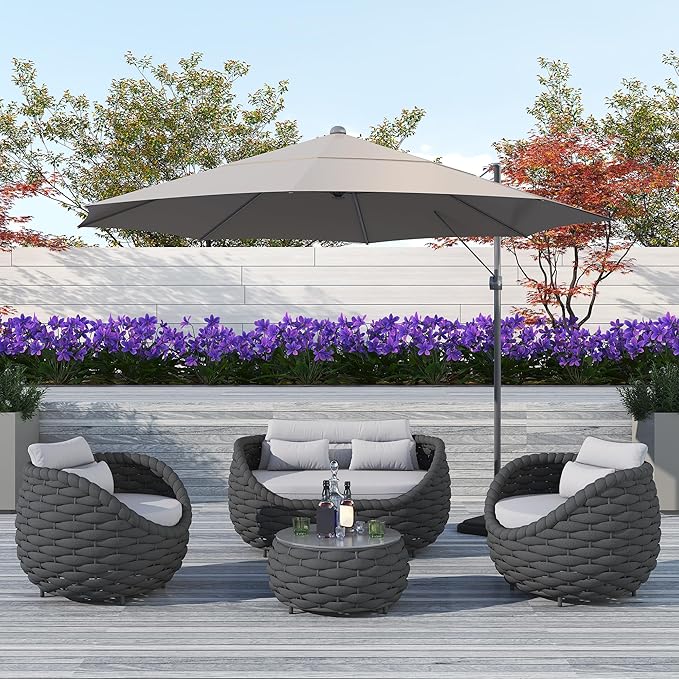 TWT Patio Furniture Sofa Set 4 Pieces Aluminum Outdoor Furniture w/27.8in Coffee Table,Patio Conversation Set with Dark Grey Textilene Rope Grey Cushions for Sunroom Backyard Poolside Indoor
