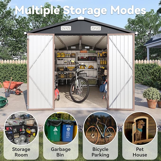 8×15FT Outdoor Storage Shed, Metal Garden Shed with Lockable Double Doors & Sloping Roof, Weather-Resistant Tool Shed for Backyard, Patio, Poolside Brown