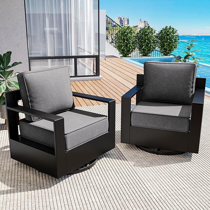 Aluminum Outdoor Swivel Rocker Patio Chairs Set of 2, All-Weather Metal Outdoor Chair with 6 Inch Thick Cushions, Deep Setting for Garden, Outside and Porch