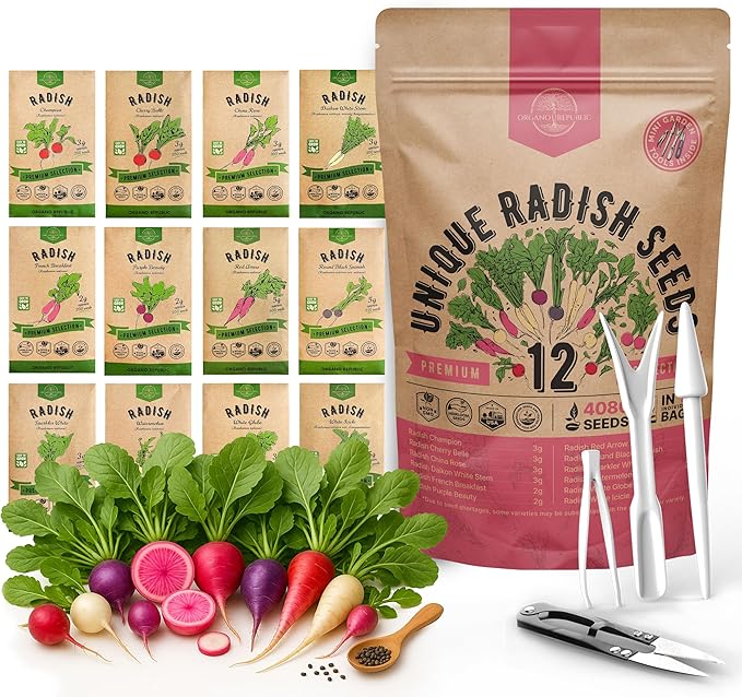 Organo Republic 12 Radish Seeds Variety Pack for Indoor & Outdoors 2400+ Heirloom Non-GMO Radish Garden Seeds: Daikon, Cherry Belle, French, Breakfast, Champion, Purple, Watermelon Radishes Seeds
