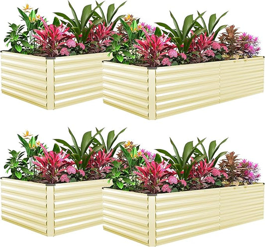 FOOWIN 4pcs 6x3x2ft Galvanized Raised Garden Bed, Planter Raised Garden Boxes Outdoor, Large Metal Raised Beds for Gardening, Garden Bed for Vegetables, Flowers, Herb,269 Gallon Capacity, Cream Yellow