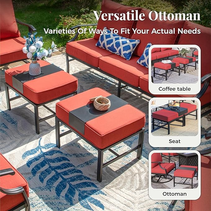 Patio Furniture Set 7 pcs, Outdoor Patio Furniture, 3-Seat Sofa, 2 Single Chairs, 2 Swivel Chairs, 2 Ottomans and 5.75" Extra Thick Cushion, Patio Conversation Set for Backyard Deck,Red