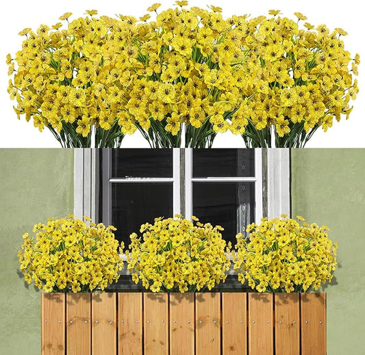 15 Bundles Artificial Flowers Outdoor UV Resistant Fake Silk Plants Plastic Faux Shrubs Outside Front Porch Window Box Garden Home Hanging Planter Decoration (Yellow)