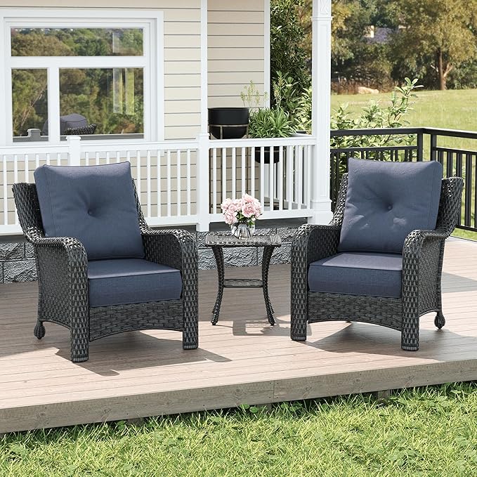 LayinSun 3 Piece Wicker Outdoor Furniture Set with 6-inch Comfy Cushions, High Back Patio Furniture Set with Rattan Armchairs and Side Table