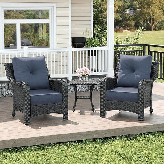 LayinSun 3 Piece Wicker Outdoor Furniture Set with 6-inch Comfy Cushions, High Back Patio Furniture Set with Rattan Armchairs and Side Table