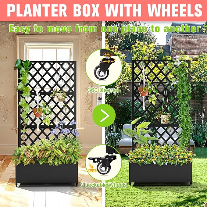 Metal Planter Box with Trellis, Raised Garder Bed with Drainage Hole, Privacy Screen & Trellis for Climbing Plants, Outdoor Plant Stands, 35''L×17''W×73''H, Black
