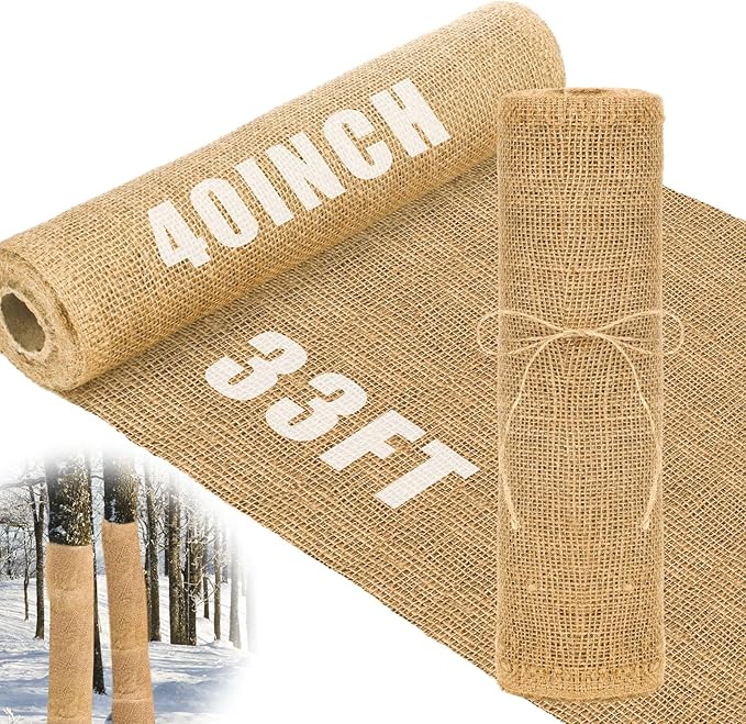 Buryeah 40 Inch x 33 ft Burlap Fabrics Roll Natural Jute Burlap Garden Tree Wrap Outdoor Weed Barrier DIY Fall Halloween Craft Winter Frost Plant Landscape Blankets Cloth for Plant Gardening Shrubs