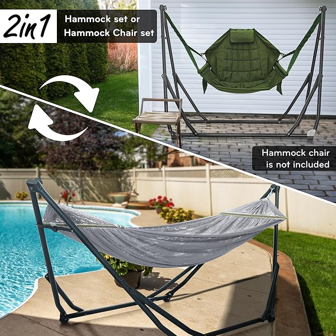 Tranquillo UniGen Hammock, Hammock Stands Heavy Duty Indoor/Outdoor Hammock with Signature Steel Stand, 600lbs Premium Foldable, Durable 2-Layered Soft Polyester, Grey