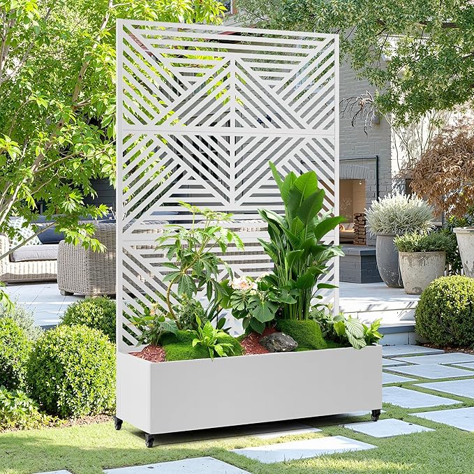 15.7"×70.9"×47.2" Metal Raised Garden Bed with Trellis and Wheels - Tall Trellis Planter Box for Climbing Plants, Vegetables & Vines - Outdoor Privacy Planters for Patio (White-Zodiac)