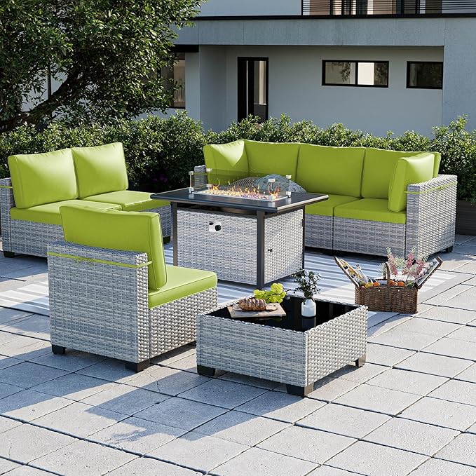 8-Piece Patio Furniture Set, Outdoor Patio Furniture with 55,000 BTU Fire Pit Table, Thick Cushions, Modular Patio Sofa, Dual-Strand Wicker Rattan, Rust-Resistant Frame, Grass Green