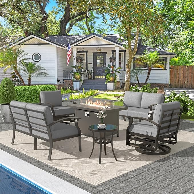 Kurapika Aluminum Patio Furniture Set 6-Seat Modern Metal Outdoor Conversation Sets w/45in Propane Fire Pit Table, Loveseat Sofa,Swivel Rocking Chairs w/5.1 Inch Cushion, Grey