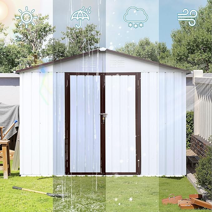 Storage Shed 8ft×6ft Classic Apex Roof Tool Shed Outdoor Storage Metal Garden Storage Sheds Tool Cabinet with Hinged Door Syste for Backyard, Patio, Poolside, White +Offee