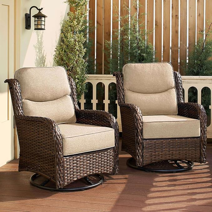 HILLGA Luxury Patio Furniture Set with 6-Inch Thick Cushions, High Back Outdoor Swivel Rocker Chairs, 2-Piece All Weather Conversation Set for Porch Deck Balcony Yard, Beige (V3)