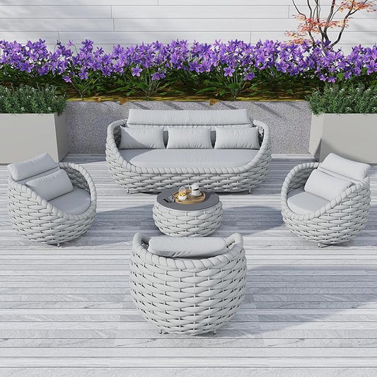 Outdoor Patio Furniture Set-5 Pieces Aluminum Sectional Sofa, Metal Patio Conversation Set with Threeseat & Armchair, Textile Rope and Coffee Table, Light Grey