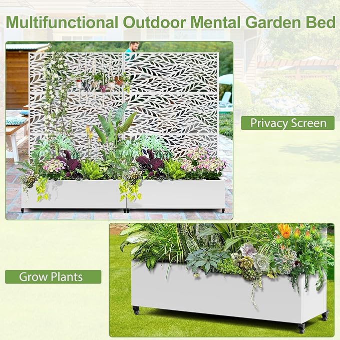 Raised Garden Bed with Trellis and Wheels,73"x47"x16" Metal Raised Garden Bed,White Flowing Leaf Metal Planter with Climbing Trellis for Vines & Vegetables