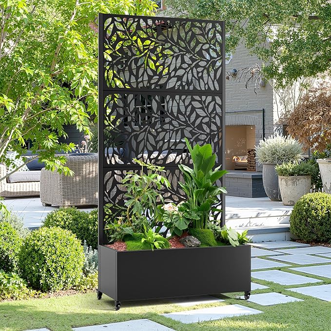 15.7"×70.9"×35.4" Metal Raised Garden Bed with Trellis and Wheels - Tall Trellis Planter Box for Climbing Plants, Vegetables & Vines - Outdoor Privacy Planters for Patio (Black)
