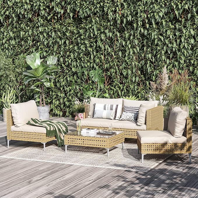 Grand patio 5-Piece Wicker Patio Furniture Set, Boho Outdoor Sectional Sofa with Water Resistant Thick Cushions Coffee Table, Cream