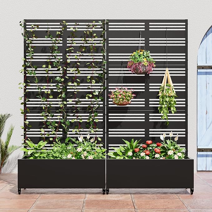 Casaphoria Metal Raised Garden Bed with Trellis and Wheels, 72"x35"x16" Planter Box for Climbing Plants, Vegetables & Vines, Features Drainage Holes and Privacy Screen (Black-Harold)