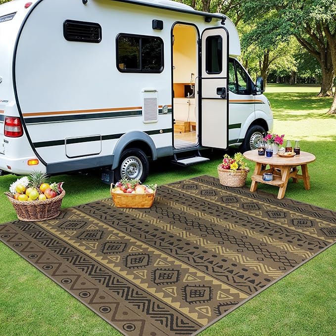 GENIMO Outdoor Rug for Patio Clearance, 5'x7' Reversible Plastic Straw Rugs, Lightweight Waterproof RV Camping Mat for Camper, Balcony, Deck, Backyard, Picnic, CoffeeBeige
