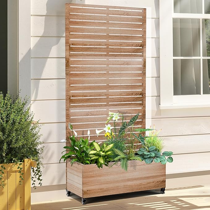 Raised Garden Bed with Trellis and Wheels,73"x47"x16" Metal Raised Garden Bed,Wood Finish Metal Planter with Climbing Trellis for Vines & Vegetables