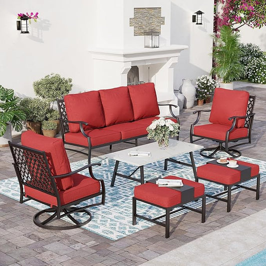 6 Piece Metal Outdoor Patio Furniture Set, Patio Conversation Sets 1 3-Seater Sofa, 2 Swivel Chair, 2 Ottomans with 5.75" Thick Cushion and Coffee Table, Black Backyard Furniture, Red