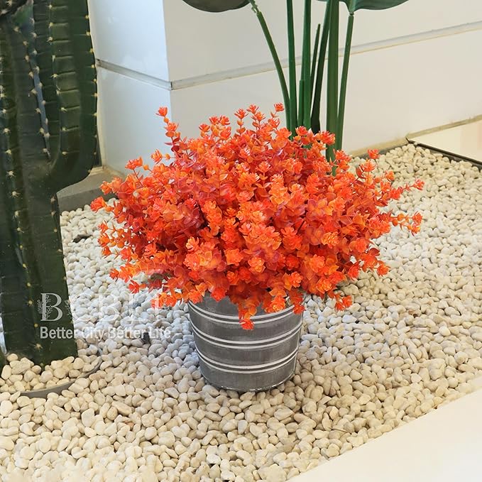 Artificial Flowers for Outdoors, 12 Bundles UV Resistant Realistic Faux Plants for Outside Porch Planter, Spring Summer Home Garden Decoration, Red Orange