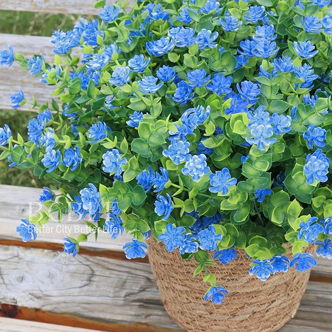 Artificial Flowers for Outdoors, 12 Bundles UV Resistant Realistic Faux Plants for Outside Porch Planter, Spring Summer Home Garden Decoration, Blue