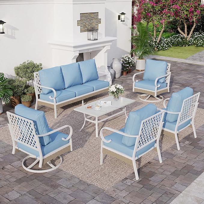 6 Piece Metal Outdoor Patio Furniture Set, Patio Conversation Sets 3-Seater Sofa, 2 Fixed Sofa, 2 Swivel Chair with 5.75" Thick Cushion and Coffee Table White Backyard Furniture, Blue