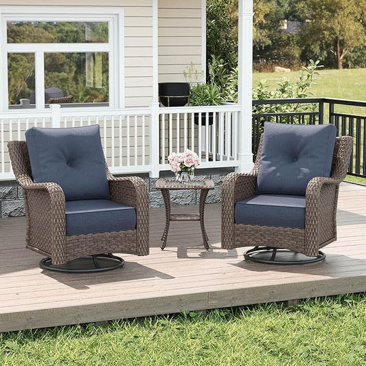 LayinSun 3 Piece Wicker Outdoor Furniture Set with 6-inch Comfy Cushions, High Back Patio Furniture Set with Swivel Rocking Chairs and Side Table