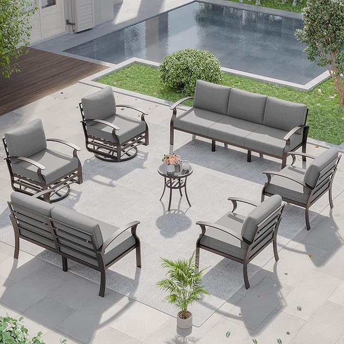 Kurapika Aluminum Patio Furniture Set 9-Seat Modern Metal Outdoor Conversation Sets w/Swivel Rocking Chairs Patio Sectional Sofa w/5.1 Inch Cushion, Grey