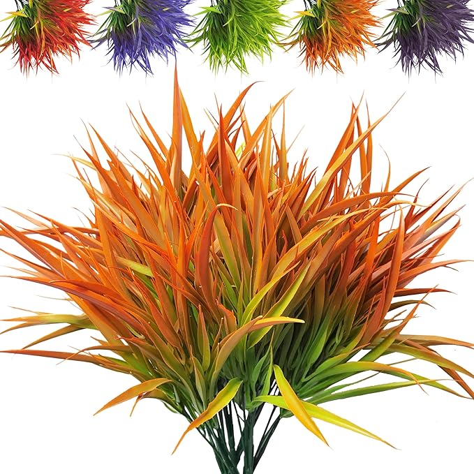 Outdoor Artificial Plants 8 Bundles Fake Plants Grass UV Resistant Fake Flowers Bush Greenery,17Inch Tall Faux Grass Shrubs for Home Porch Pathway Garden Décor Outside Indoor (Orange)