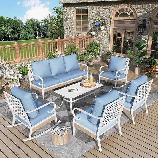 6 Piece Patio Furniture Set, 2 x Fixed Chair, 2 x Rocking Chair, 1 x 3-Seat Sofa with Marbling Coffee Table, All Cushioned 7 Seats Outdoor Conversation Set for Lawn Garden Backyard, Blue