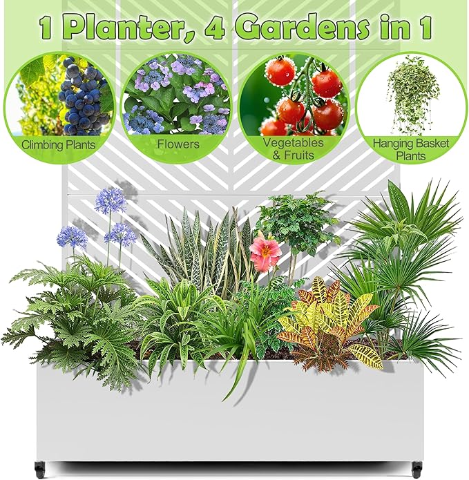 15.7"×70.9"×47.2" Metal Raised Garden Bed with Trellis and Wheels - Tall Trellis Planter Box for Climbing Plants, Vegetables & Vines - Outdoor Privacy Planters for Patio (White-Parallel)