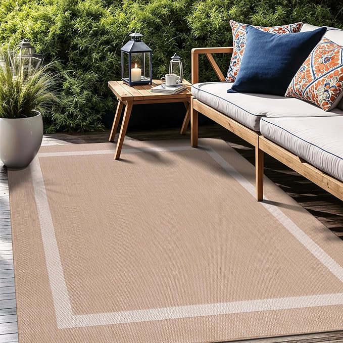 Bordered Outdoor Rug 10x14 Washable Outside Carpet for Indoor Patio Porch Waterproof Easy Cleaning Non Shedding Area Rugs Beige 10 x 14